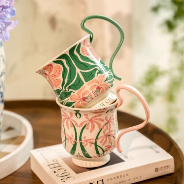 O1CN01LYOGbR2ID16Vrtz3q__2217759649251-0-cib Retro-Style Phalaenopsis Orchid Pattern Tall Stemmed Mug Floral High-Handled Ceramic Cup Couple's Set Coffee Mug