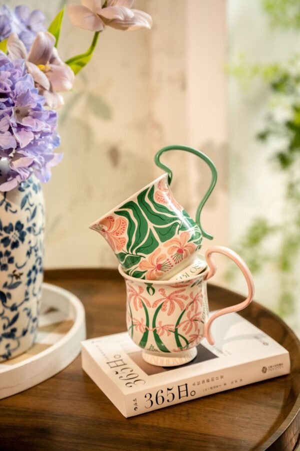 O1CN01pCfLct2ID16VZ0GvS__2217759649251-0-cib Retro-Style Phalaenopsis Orchid Pattern Tall Stemmed Mug Floral High-Handled Ceramic Cup Couple's Set Coffee Mug